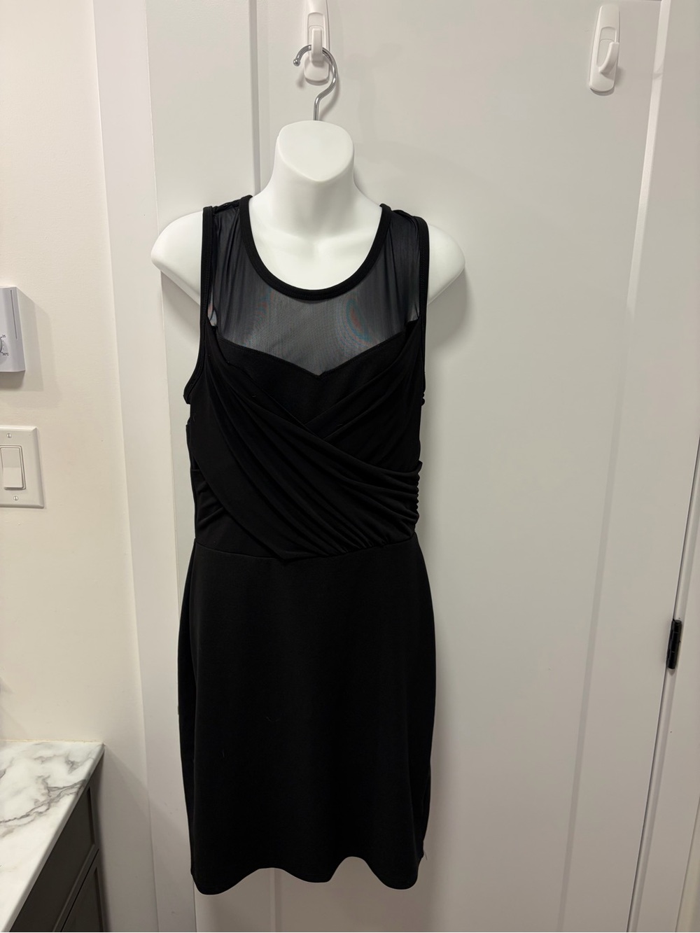 Black Sleeveless Mesh-Yoke Sheath Dress